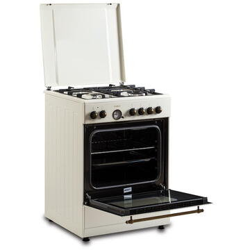 Samus Aragaz Rustic 4 arzatoare gaz ( 1 wok), cuptor electric, 6 functii, 56 l, aprindere electrica, grill, ventilator, timer, Crem