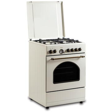 Samus Aragaz Rustic 4 arzatoare gaz ( 1 wok), cuptor electric, 6 functii, 56 l, aprindere electrica, grill, ventilator, timer, Crem
