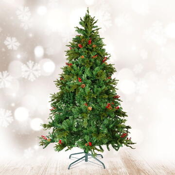 GLOBIZ Brad artificial – 210 cm – PE/PVC – cu bobițe roșii