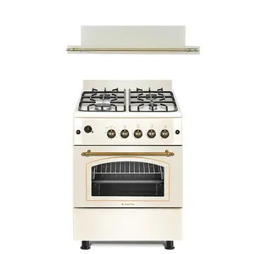 Pachet Aragaz rustic 4 arzatoare gaz, Cuptor pe gaz, 60x60cm, Studio Casa SIENNA, FE60/60G, Rotisor, Grill gaz, Ventilatie Turbo+Hota incorporabila telescopica Lean Retro
