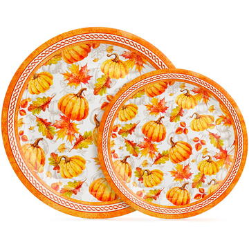 GLOBIZ Set 12 farfurii de hârtie – model dovleac și frunză – 2 dimensiuni (230 / 180 mm)