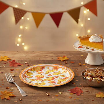 GLOBIZ Set 12 farfurii de hârtie – model dovleac și frunză – 2 dimensiuni (230 / 180 mm)