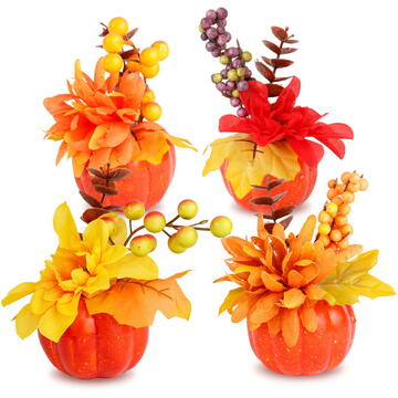 GLOBIZ Dovleac decorativ de toamnă cu flori și bobițe – 8 x 10 cm – 4 modele