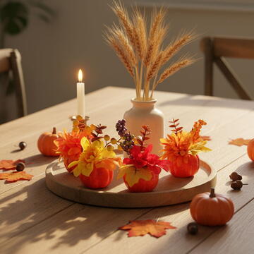 GLOBIZ Dovleac decorativ de toamnă cu flori și bobițe – 8 x 10 cm – 4 modele