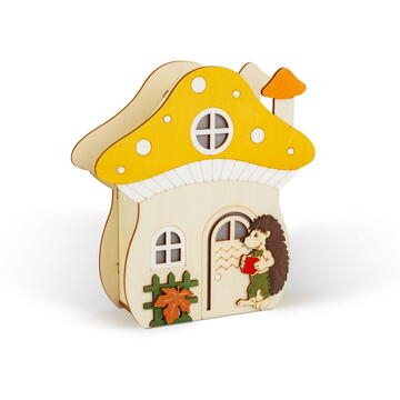 GLOBIZ Decorațiune luminoasă de toamnă – căsuță-ciupercă cu arici – lemn – 15 x 16 x 5 cm