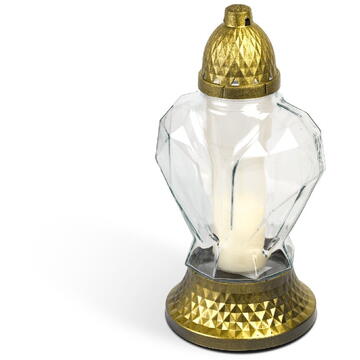 GLOBIZ Lumânare din sticlă cu capac din plastic – alb, capac negru auriu antichizat – 31 cm