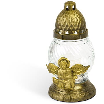 GLOBIZ Lumânare din sticlă cu îngeraș și capac din plastic – alb, capac negru auriu antichizat – 20 cm
