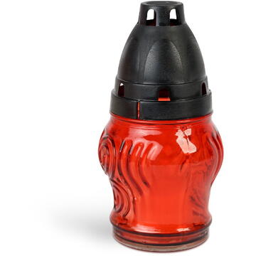 GLOBIZ Lumânare din sticlă roșie cu capac din plastic negru – 14 cm