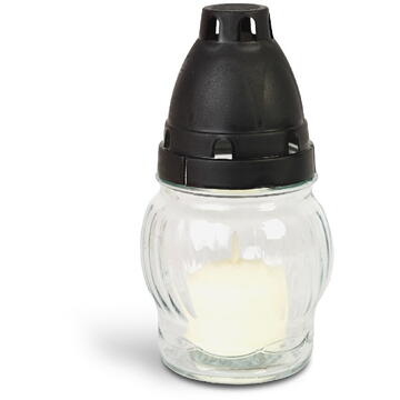 GLOBIZ Lumânare din sticlă albă cu capac din plastic negru – 14 cm
