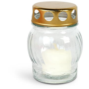 GLOBIZ Lumânare din sticlă albă cu capac metalic auriu – 10 cm