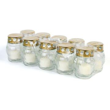 GLOBIZ Lumânare din sticlă albă cu capac metalic auriu – 10 cm