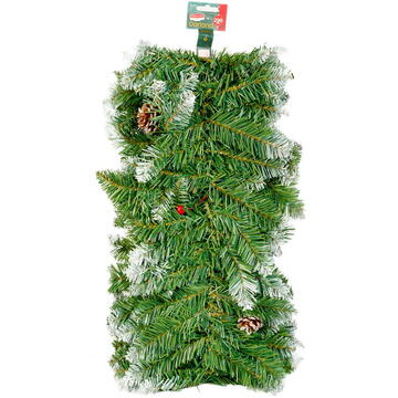 North Pole Ghirlandă de brad artificial – verde, cu efect de zăpadă, cu conuri și bobițe roșii – 200 cm – PVC