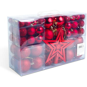 GLOBIZ Set de ornamente pentru brad – 100 de globuri + vârf stea – roșu