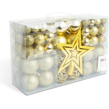 GLOBIZ Set de ornamente pentru brad – 100 de globuri + vârf stea – auriu