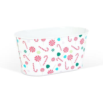 GLOBIZ Coș decorativ din metal – model bastonașe dulci (candy cane) – 19 x 11,5 x 9,5 cm