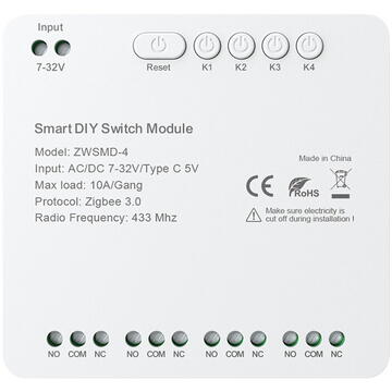 Avatto ZWSMMD ZigBee Switch 4CH Dry Contact 32V DC