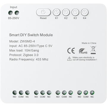 Avatto ZWSMMD-4-250V ZigBee Switch 4CH Dry Contact