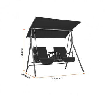 VivaTechnix Leagan otel 2 persoane, Masuta rotativa, Negru, cutie depozitare, 1740×1095×1550 mm, max 200 kg
