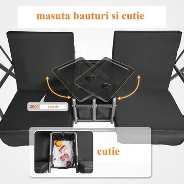 VivaTechnix Leagan otel 2 persoane, Masuta rotativa, Negru, cutie depozitare, 1740×1095×1550 mm, max 200 kg