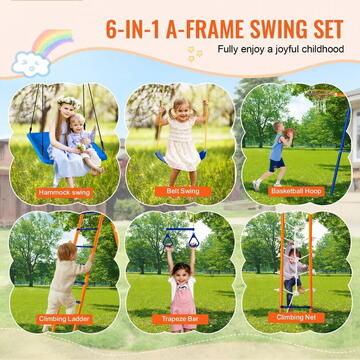 VivaTechnix Leagan pentru copii, 6 in 1, scara, cos baschet, cadru otel A, max 200 kg, demontabil, 2040 x 4200 x 1780 mm