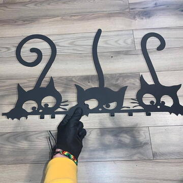 VivaTechnix Suport chei cu 5 agatatori, Krodesign Three Cats KRO-1129, 60x30 cm, Negru