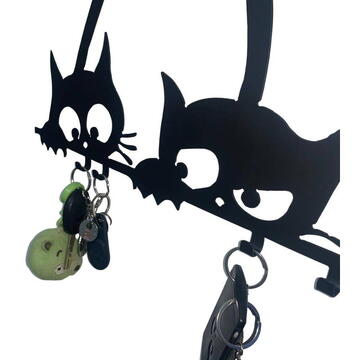 VivaTechnix Suport chei cu 5 agatatori, Krodesign Three Cats KRO-1129, 60x30 cm, Negru
