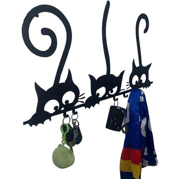 VivaTechnix Suport chei cu 5 agatatori, Krodesign Three Cats KRO-1129, 60x30 cm, Negru