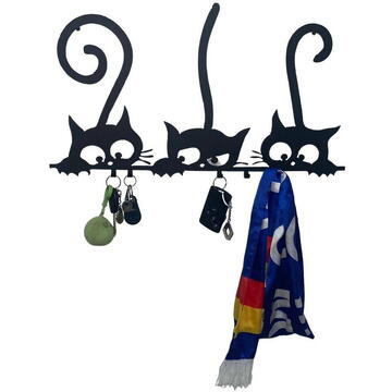 VivaTechnix Suport chei cu 5 agatatori, Krodesign Three Cats KRO-1129, 60x30 cm, Negru