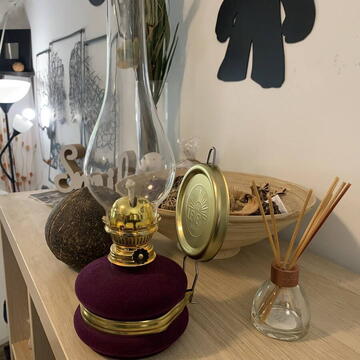 Lampa cu gaz lampant Vivatechnix Classic TR-1002M, rezervor sticla cu catifea, oglinda metal, Mov