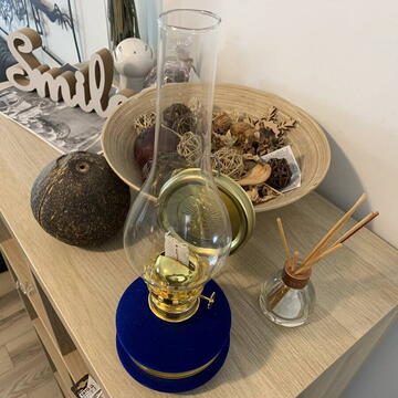 Lampa cu gaz lampant Vivatechnix Classic TR-1002Blue, rezervor sticla cu catifea, oglinda metal, Albastru