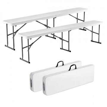 VivaTechnix Set 2 banci pliabile 1830x307x430 mm, HDPE si Otel, pentru gradina sau catering, Alba