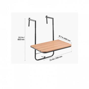 VivaTechnix Masa suspendata, pliabila, pentru balcon, Otel Inoxidabil/MDF, max 25 kg, 595 x 620 x 800 mm, Maro/Negru