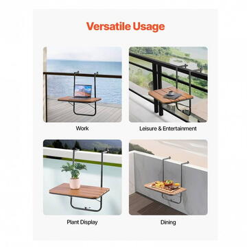 VivaTechnix Masa suspendata, pliabila, pentru balcon, Otel Inoxidabil/MDF, max 25 kg, 595 x 620 x 800 mm, Maro/Negru