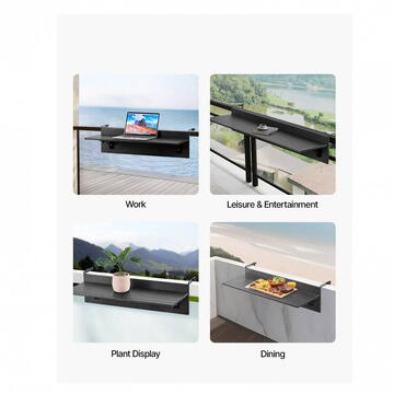 VivaTechnix Masa suspendata, pliabila, pentru balcon, Otel Inoxidabil/MDF, max 25 kg, 800 x 450 x 240 mm, Negru