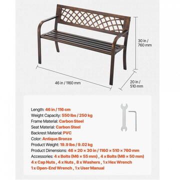 VivaTechnix Banca cu cadru metalic otel, Bronz antic, Lungime 116 cm, max 250 kg, 2 persoane