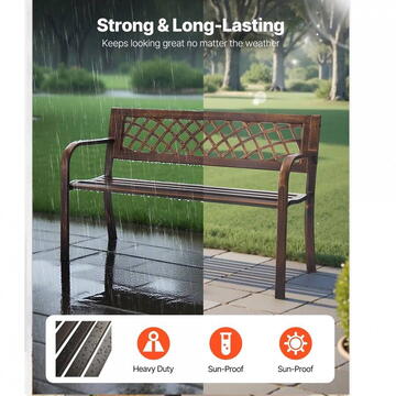 VivaTechnix Banca cu cadru metalic otel, Bronz antic, Lungime 116 cm, max 250 kg, 2 persoane