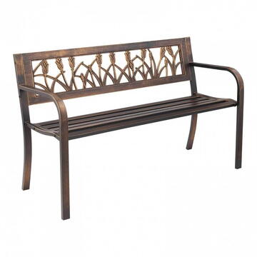 VivaTechnix Banca cu cadru Otel carbon, spatar plastic cu model floral, Bronz antic, Lungime 127 cm, max 227 kg, 2-3 persoane