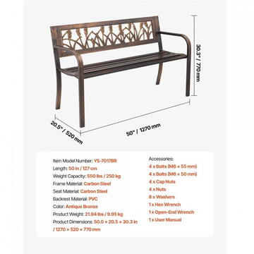 VivaTechnix Banca cu cadru Otel carbon, spatar plastic cu model floral, Bronz antic, Lungime 127 cm, max 227 kg, 2-3 persoane