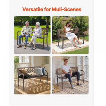 VivaTechnix Banca cu cadru Otel carbon, spatar plastic cu model floral, Bronz antic, Lungime 127 cm, max 227 kg, 2-3 persoane