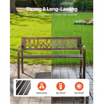 VivaTechnix Banca cu cadru Otel carbon, spatar plastic cu model floral, Bronz antic, Lungime 127 cm, max 227 kg, 2-3 persoane