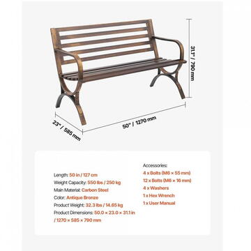 VivaTechnix Banca cu cadru metalic otel, Bronz antic, Lungime 127 cm, max 227 kg, 2-3 persoane