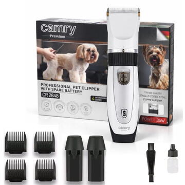 Adler Professional Pet Hair Clipper with Spare Battery, Titanium-Ceramic Blade, 5800 RPM, Adjustable 0.8–14 mm, 4 Guide Combs