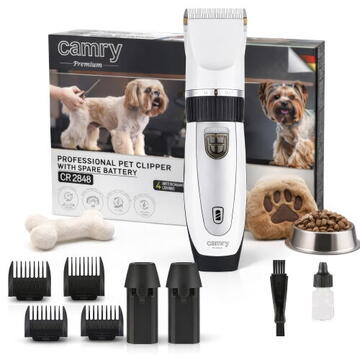 Adler Professional Pet Hair Clipper with Spare Battery, Titanium-Ceramic Blade, 5800 RPM, Adjustable 0.8–14 mm, 4 Guide Combs