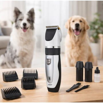 Adler Professional Pet Hair Clipper with Spare Battery, Titanium-Ceramic Blade, 5800 RPM, Adjustable 0.8–14 mm, 4 Guide Combs
