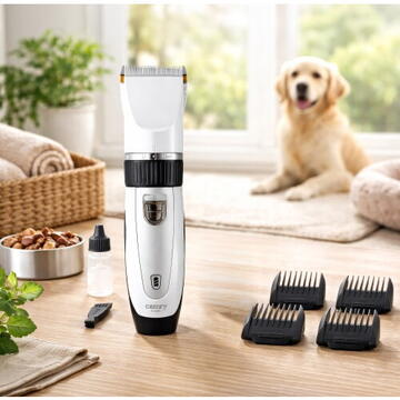 Adler Professional Pet Hair Clipper with Spare Battery, Titanium-Ceramic Blade, 5800 RPM, Adjustable 0.8–14 mm, 4 Guide Combs