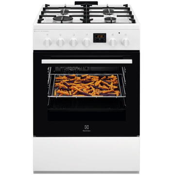 Electrolux LKK664220W, Mixt, 4 arzatoare, SteamBake-gatire cu abur; AirFry, Autocuratare Catalitica, Timer mecanic, Aprindere integrata plita si cuptor, Grill Electric, Rotisor, Iluminare cuptor, 60 cm, Alb