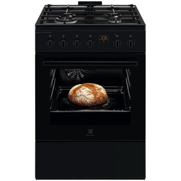 Electrolux Mixt, 4 arzatoare, SteamBake-gatire cu abur; AirFry, Autocuratare Catalitica, Timer mecanic, Aprindere integrata plita si cuptor, Grill Electric, Rotisor, Iluminare cuptor, 60 cm, Negru