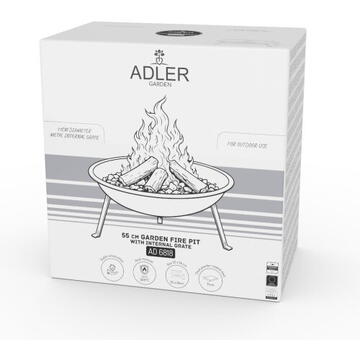 Adler Garden Fire Pit 55 cm with Grate, Steel Outdoor Fire Bowl for Wood and Wood Briquettes, Fire Pit